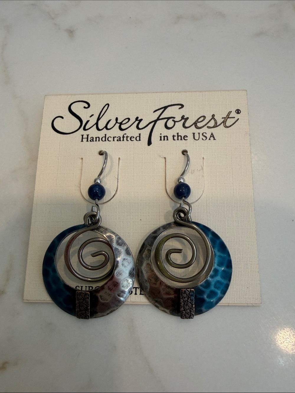 Silver Forest Blue and Silver Hammered Spiral Drop Earrings with Bead Accent